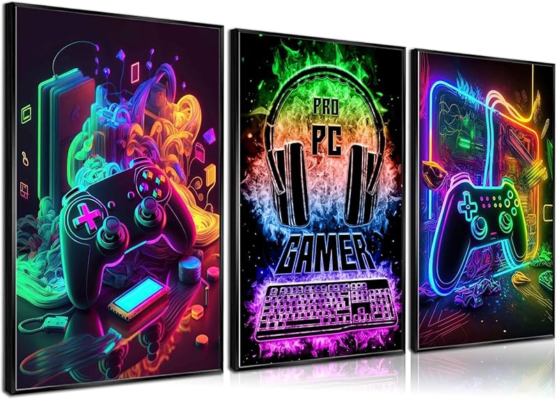 3Pcs Cool Gaming Wall Art Retro Video Game watercolor Posters Pictures Colorful Neon Gamepad Canvas Painting Prints for Boys Room Kids Game Room Bedroom for Boys Home Decoration 12x16in Unframed https://www.amazon.com/dp/B0CP7W91H7