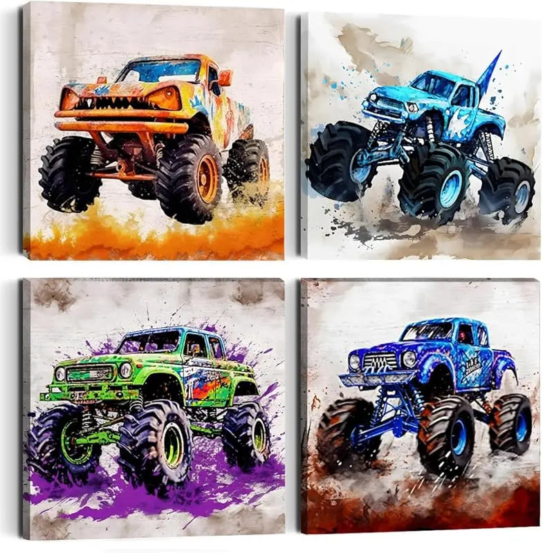 4PC Car Room Decor Truck Canvas Wall Art Framed Boys Room Decor Watercolor Cartoon Car Color Racing Vehicle Painting Garage Wall Decor Modern Canvas Prints for Playroom Farmhouse Men Living Room Home https://www.amazon.com/dp/B0C7KR9V76