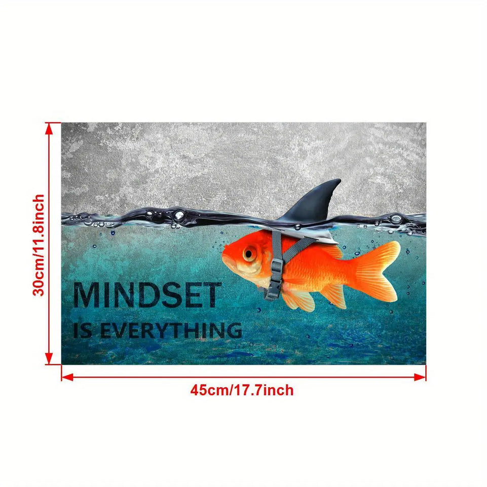 Mindset is Everything" - Motivational Canvas Wall Art with Blue Goldfish & Shark, Frameless Inspirational Quote Poster for Office, Bedroom, Bathroom Decor | Modern Minimalist Design, Indoor Use, Motivational Wall Art June Wall Art