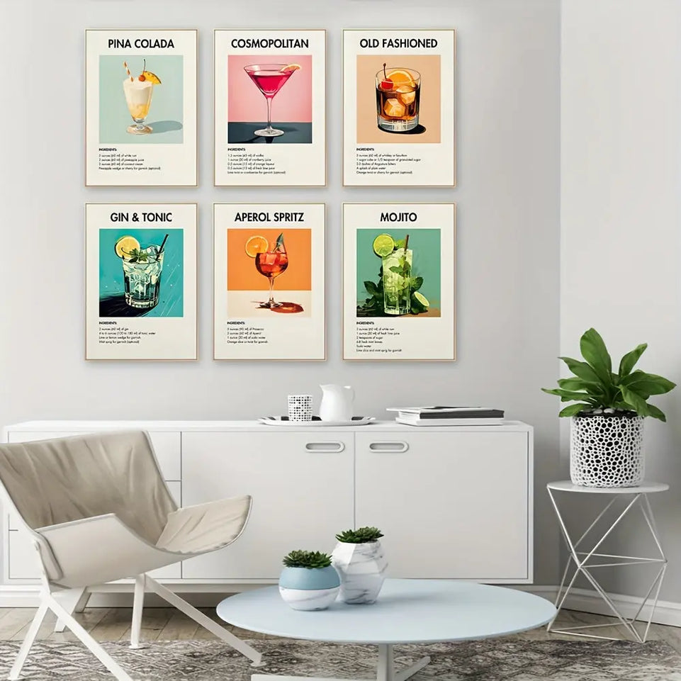 Set of 6 Vintage Cocktail Poster Set - Colorful Canvas Prints for Bar Cart Decor, Aesthetic College Apartment Wall Art, Trendy Drink Recipe Pictures, Unframed and Ready to Hang June Wall Art
