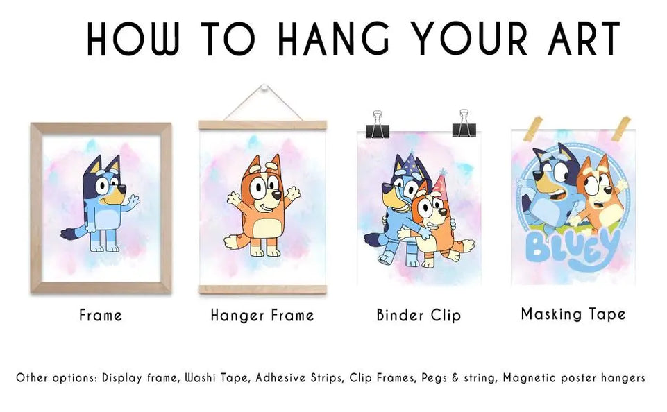 BigWig Prints Bluey Poster - Bluey Room Decor, Posters for Boys Room, Kids Wall Art for Bedroom, Toddler Wall Art, Cartoon Artwork for Nursery Decor, Kids Cartoon Prints - Set of 6 (8x10”) Unframed https://www.amazon.com/dp/B0CMDGDXH7