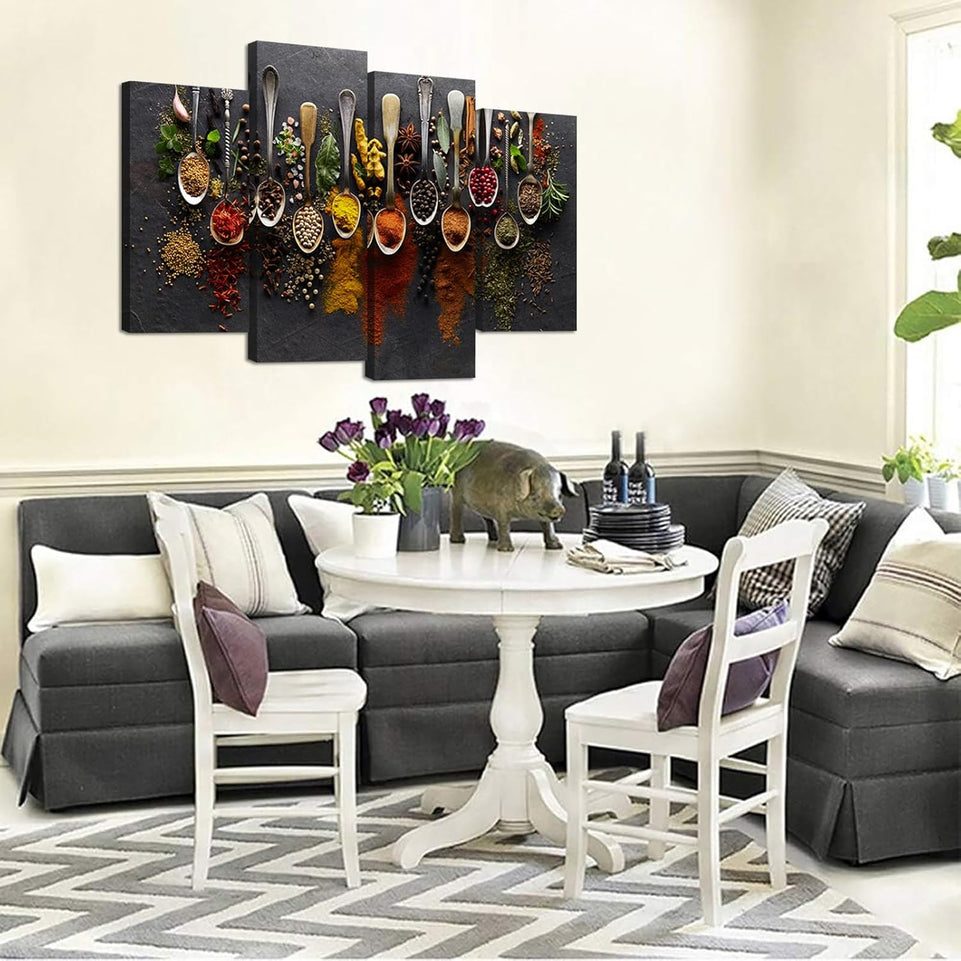iHAPPYWALL Kitchen Pictures Wall Decor 4 Pieces Couful Spice in Spoon Vintage Canvas Wall Art Food Photos Painting On Canvas Stretched Framed Home Decoration Gift Ready to Hang https://www.amazon.com/dp/B07J9ZB4JD