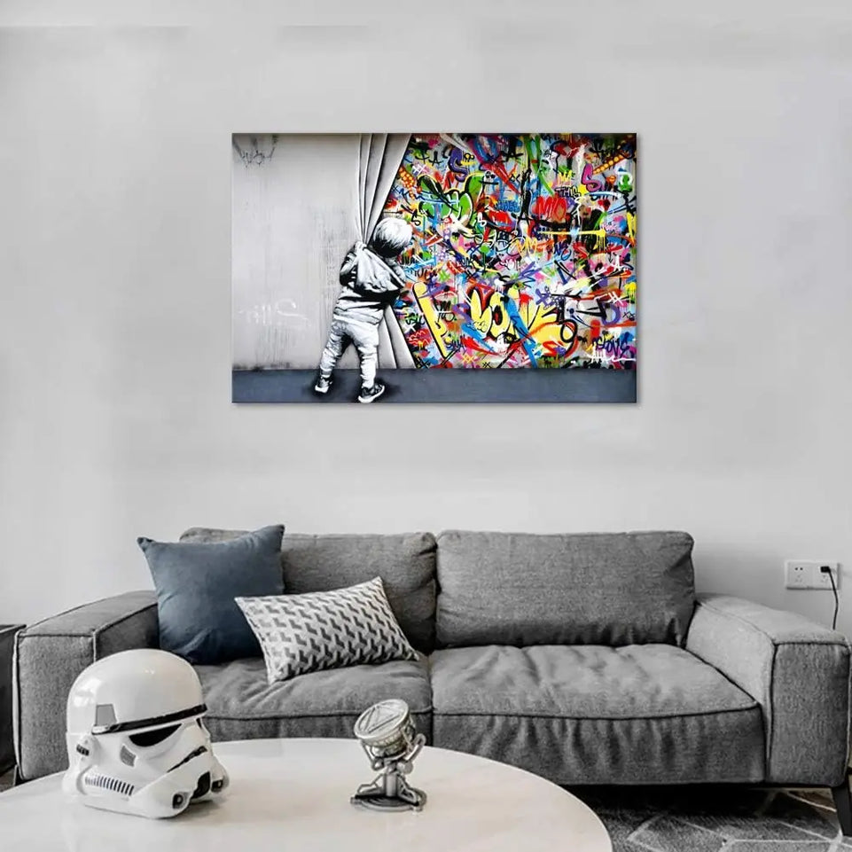 Yatsen Bridge Classic Street Art Banksy Graffiti Wall Art Behind The Curtain Posters Canvas Paintings Colorful Graffiti Pictures Prints Framed for Living Room Home Decor(36''W x 24''H) https://www.amazon.com/dp/B07ZVHB9FP