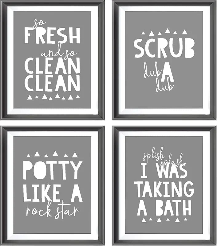 So Fresh and Clean Colorful Bathroom Art Poster Prints for Home Kid Washroom Restroom Nursery Toilet Laundry Decor,Funny Bathroom Rules Word Art Decorations Prints Wall Art Unframed 4pcs 8x10inches https://www.amazon.com/dp/B0BY6BBXTF
