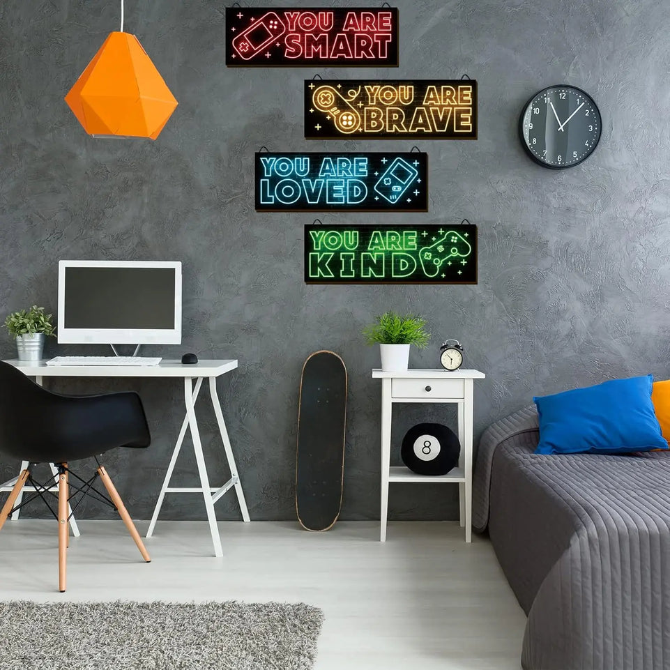 YLOLUL 4pcs Neon Game Art Prints, Wood Wall Art Decor for Boys Room, Gamer Decorations, Inspirational Quote Wall Decor, Modern Home Decor, 12 x 4 Inch, Red https://www.amazon.com/dp/B0BGXSKNG1