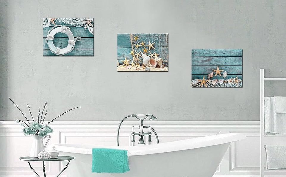 Biuteawal- 3 Piece Canvas Wall Art Starfish Shell on Teal Board Painting Prints Beach Nature Picture Canvas Artwork for Home Kitchen Bathroom Living Room Wall Decor Ready to Hang https://www.amazon.com/dp/B07K6D42KS