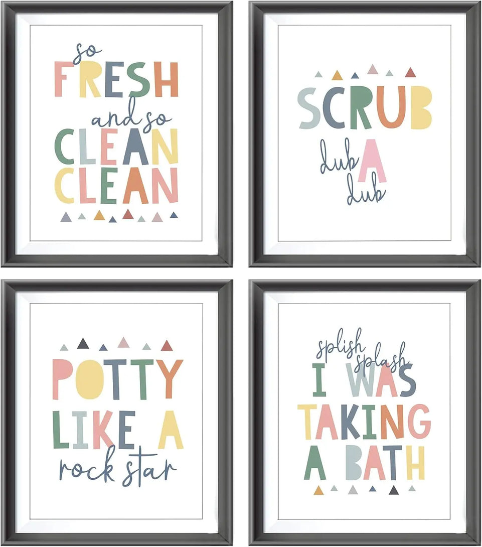 So Fresh and Clean Colorful Bathroom Art Poster Prints for Home Kid Washroom Restroom Nursery Toilet Laundry Decor,Funny Bathroom Rules Word Art Decorations Prints Wall Art Unframed 4pcs 8x10inches https://www.amazon.com/dp/B0BY6BBXTF