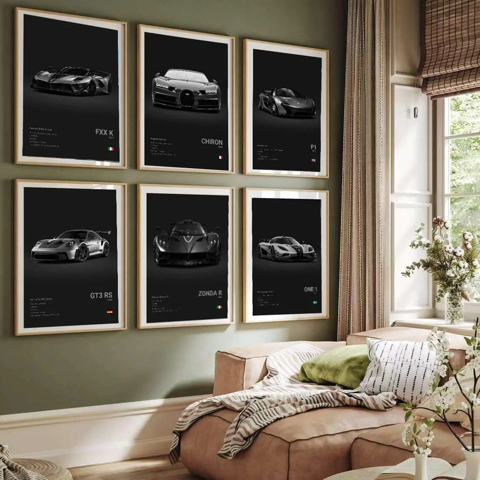 Super Car Poster Racing Car Wall Art For Home Decor Car Prints For Walls FXXK CHIRON P1 911GT3 RS ZONDA R ONE:1 Cardstock Posters Set Of 6(Unframe 8x12inch) https://www.amazon.com/dp/B0CQVFW28F