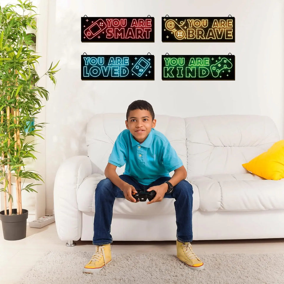 YLOLUL 4pcs Neon Game Art Prints, Wood Wall Art Decor for Boys Room, Gamer Decorations, Inspirational Quote Wall Decor, Modern Home Decor, 12 x 4 Inch, Red https://www.amazon.com/dp/B0BGXSKNG1