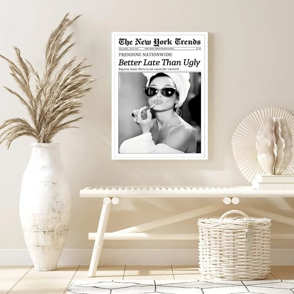 Newspaper Wall Art Canvas Prints Vintage Black and White Better Late Than Ugly Decor Poster Funky Feminist Posters Trendy College Wall Decor for Girly Dorm Room Bathroom Wall Decor 8x12inch Unframed https://www.amazon.com/dp/B0DHYCHY7C