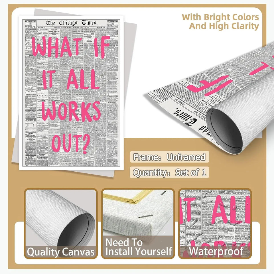 Liyark Retro Trendy Newspaper Canvas Wall Art What If All Works Out Poster Black And White Wall Art Positive Affirmation Quote Wall Art Pink Font Wall Decor Minimalist Home Decor 12x16in Unframed https://www.amazon.com/dp/B0D14VNYMR