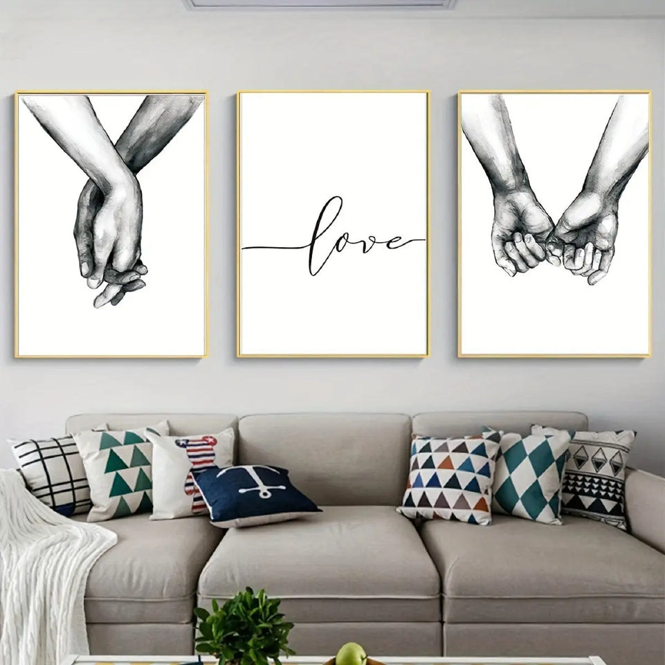 3pcs, Love And Hands Black And White Wall Decoration, Canvas Painting Wall Art, Room Decor, Home Decor, Holiday Decor, Bedroom Decor, Living Room Decor, Entrance Decor, Background Decor, Wall Decor (No Frame) June Wall Art