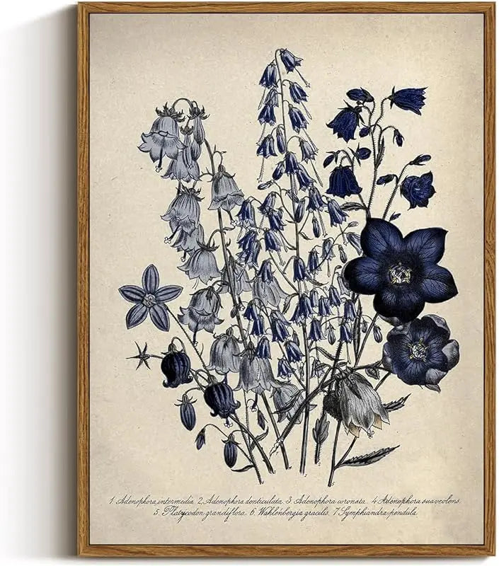 VIYYIEA Vintage Framed Botanical Wall Art Decor, Living Room Bedroom Blue Campanula Pictures Retro Wall Decor, Framed Canvas Prints Artwork, Farmhouse Flower Paintings,12x16 Inch https://www.amazon.com/dp/B0D1K1C7YB