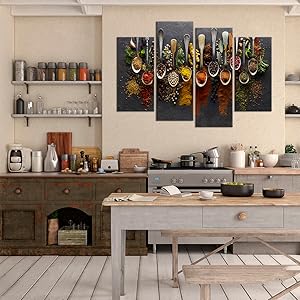 iHAPPYWALL Kitchen Pictures Wall Decor 4 Pieces Couful Spice in Spoon Vintage Canvas Wall Art Food Photos Painting On Canvas Stretched Framed Home Decoration Gift Ready to Hang https://www.amazon.com/dp/B07J9ZB4JD