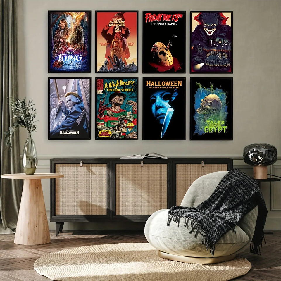 8pcs Unframed Halloween Vintage Horror Movie Posters Set, Classic Scary Movie Art Prints Horror Movie Character Wall Art Posters, For Home Living Room Bedroom Man Cave Theater Decor June Wall Art