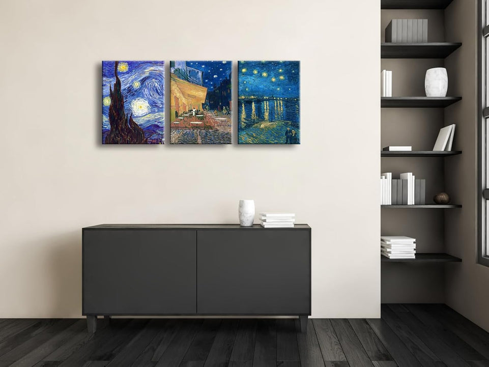 Wieco Art 3 Panels Canvas Prints of Vincent Van Gogh Paintings Reproduction Starry Night Over the Rhone Cafe Terrace at Night Canvas Wall Art for Living Room Home Office Decor https://www.amazon.com/dp/B0C33BG7JC