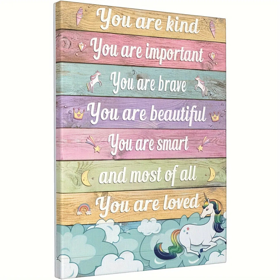 Unicorn Canvas Wall Art Set Inspirational Quotes - 1pc Frameless Motivational Positive Affirmation Decor, Whimsical Fantasy Design for Living Room, Bedroom, Home Decor, 12x16 June Wall Art