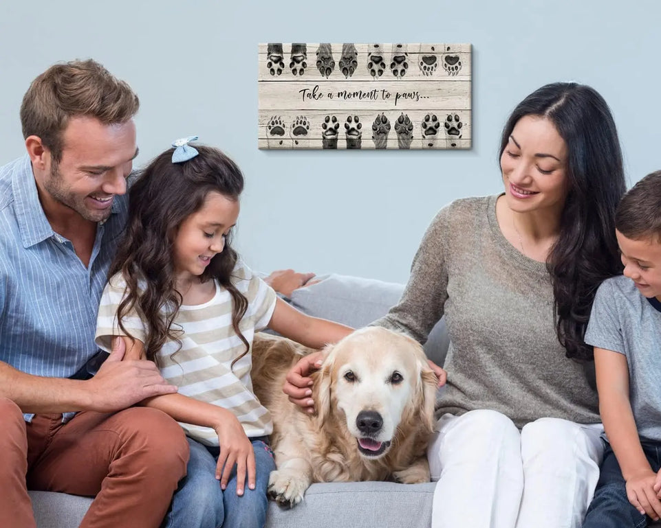 ARTINME Dog Lover Sign Wall Decor,Take A Moment to Paws sign Pet Paw Print Artwork Footprints Canvas Wall Art,Framed Animal prints Puppy Gifts for Front Door home decoration (Black) https://www.amazon.com/dp/B09FLQ57SP