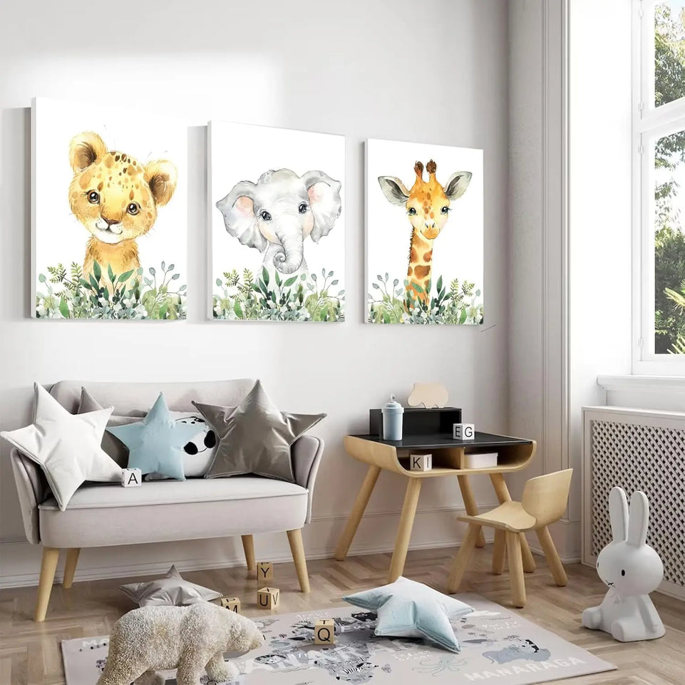 Baby Safari Nursery Wall Decor - Set of 3 Pictures Cute Animal Wall Prints on Canvas Jungle Nursery Safari Decor gifts for Baby Boys and Girls Room, Framed Wall Art (12 x16inch) https://www.amazon.com/dp/B0CLW97SF5