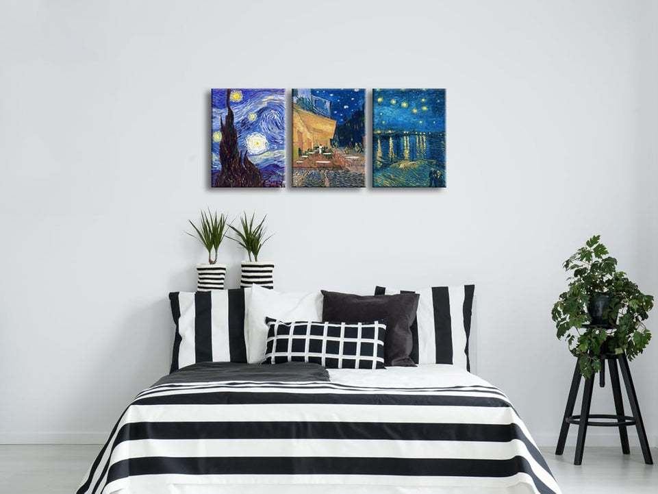 Wieco Art 3 Panels Canvas Prints of Vincent Van Gogh Paintings Reproduction Starry Night Over the Rhone Cafe Terrace at Night Canvas Wall Art for Living Room Home Office Decor https://www.amazon.com/dp/B0C33BG7JC