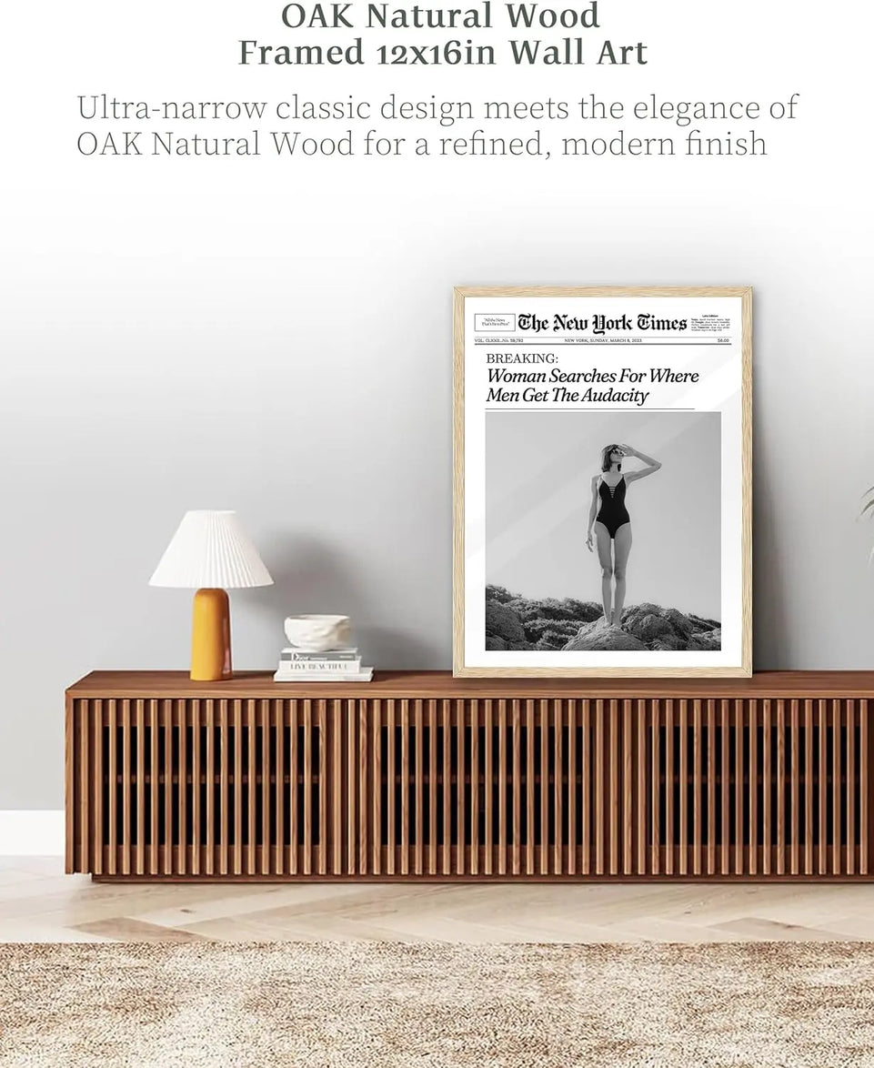 iHery Framed Trendy NewsPaper Wall Art,12x16in Canvas Wall Art,Beige Oak Wood Frame,Retro Vintage New York Magazine Headline News,Woman Searches For Where Men Get The Audacity,Bedroom Décor 1Pack https://www.amazon.com/dp/B0CH4DTS4L