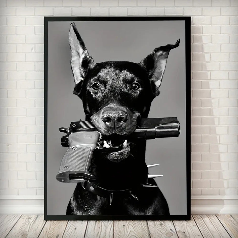 1pc Luxury Black and White Doberman and Gun Poster for Nordic Home Decor - Printed Canvas Wall Art Picture - 15.7x23.6in June Wall Art