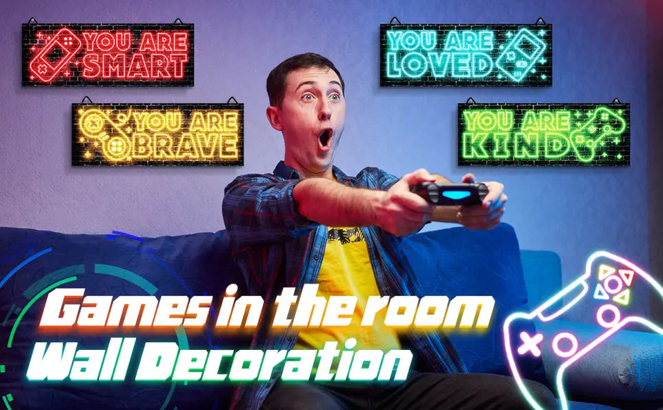 YLOLUL 4pcs Neon Game Art Prints, Wood Wall Art Decor for Boys Room, Gamer Decorations, Inspirational Quote Wall Decor, Modern Home Decor, 12 x 4 Inch, Red https://www.amazon.com/dp/B0BGXSKNG1