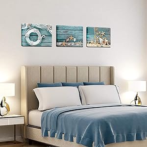Biuteawal- 3 Piece Canvas Wall Art Starfish Shell on Teal Board Painting Prints Beach Nature Picture Canvas Artwork for Home Kitchen Bathroom Living Room Wall Decor Ready to Hang https://www.amazon.com/dp/B07K6D42KS