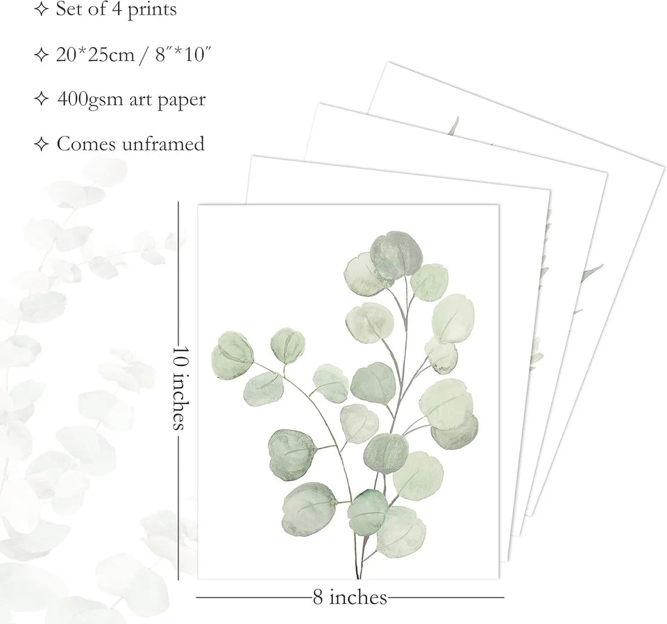 Botanical Boho Bathroom Decor Wall Art Prints, UNFRAMED Sage Green Plants Decor for Bedroom|Office, Minimalist Eucalyptus Leaves Watercolor Art Prints, Set of 4 Pictures, 8"x10" No Frames https://www.amazon.com/dp/B0923P4PCS