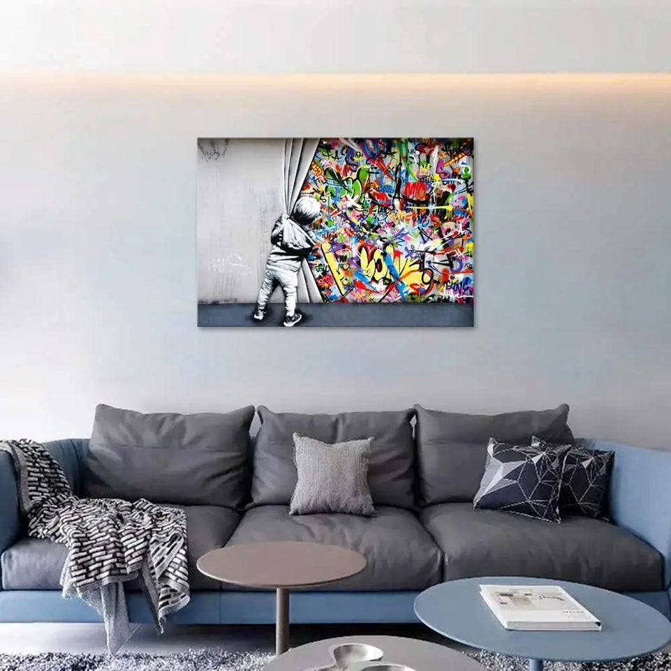 Yatsen Bridge Classic Street Art Banksy Graffiti Wall Art Behind The Curtain Posters Canvas Paintings Colorful Graffiti Pictures Prints Framed for Living Room Home Decor(36''W x 24''H) https://www.amazon.com/dp/B07ZVHB9FP