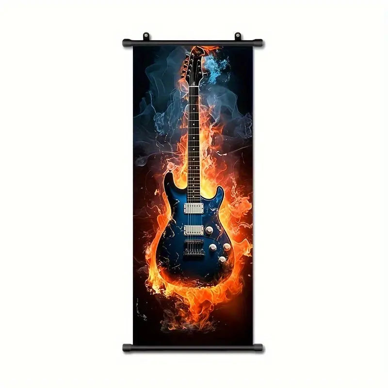 1pc Music Hanging Scrolls Painting, Flame Guitar Wall Art Poster, Artwork Wall Painting For Bathroom Bedroom Living Room Wall Decor, Home Decoration, Aesthetic Room Decor, 16inch * 39inch June Wall Art