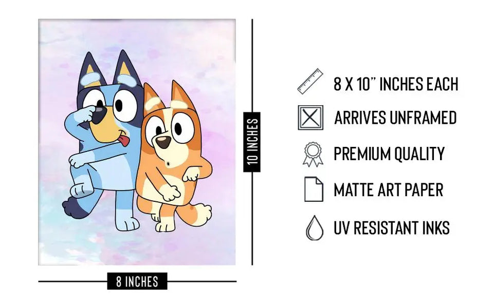 BigWig Prints Bluey Poster - Bluey Room Decor, Posters for Boys Room, Kids Wall Art for Bedroom, Toddler Wall Art, Cartoon Artwork for Nursery Decor, Kids Cartoon Prints - Set of 6 (8x10”) Unframed https://www.amazon.com/dp/B0CMDGDXH7