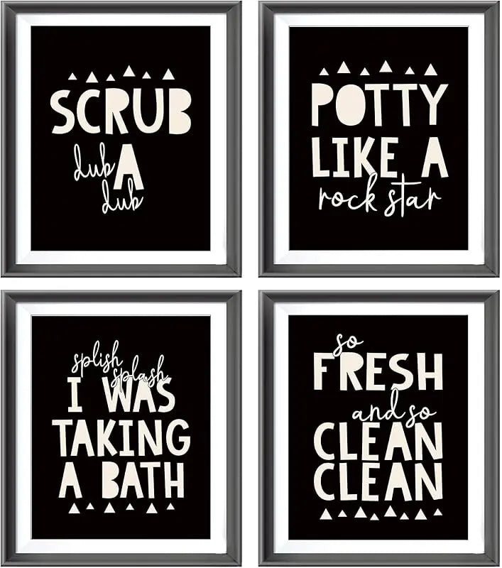 So Fresh and Clean Colorful Bathroom Art Poster Prints for Home Kid Washroom Restroom Nursery Toilet Laundry Decor,Funny Bathroom Rules Word Art Decorations Prints Wall Art Unframed 4pcs 8x10inches https://www.amazon.com/dp/B0BY6BBXTF