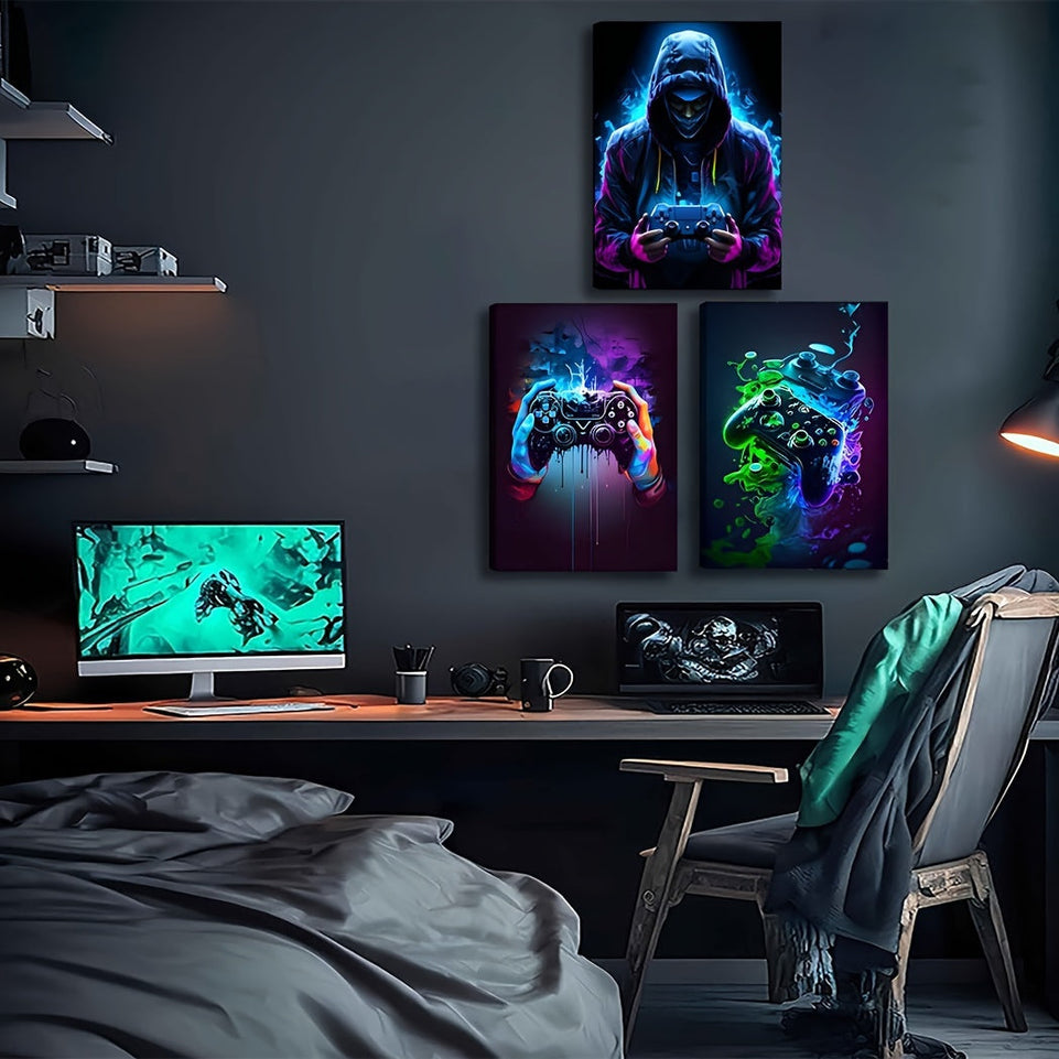 3pcs Retro Gaming Canvas Art Set - Colorful Neon Gamepad Watercolor Posters, Unframed Wall Decor for Boys' & Youngsters' Rooms https://www.temu.com/search_result.html?search_key=601099588585525