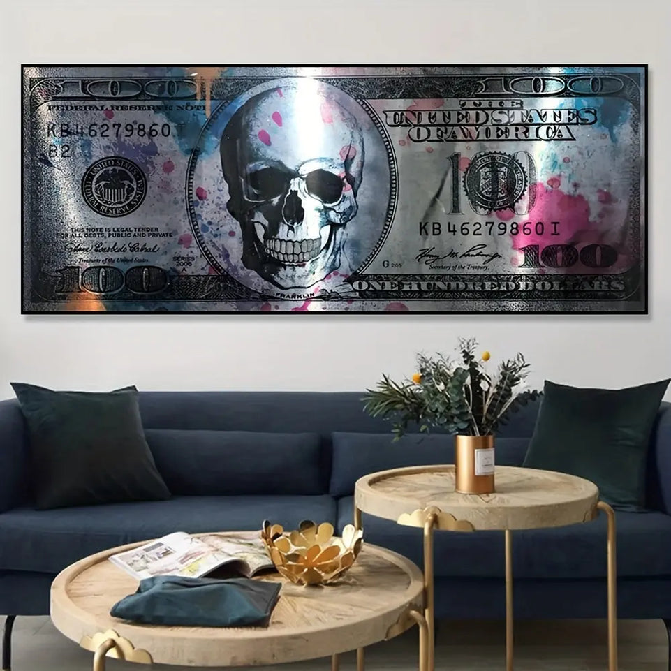 1pc Modern Art Canvas Poster, 50x120cm Unframed Skull and Money Bill Design, Creative 100 Dollar Wall Art Decor for Living Room, Indoor Horizontal Canvas Print June Wall Art