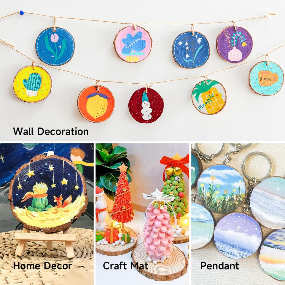 Wood Slices Kit, Shuttle Art 35 PCS Unfinished Natural Wood Slices with Pre-Drilled Hole, Acrylic Paint, Permanent Markers, Jute Twine, DIY Craft for Kids Adults Holiday Decoration Christmas Ornaments https://www.amazon.com/dp/B08FDGWSCW