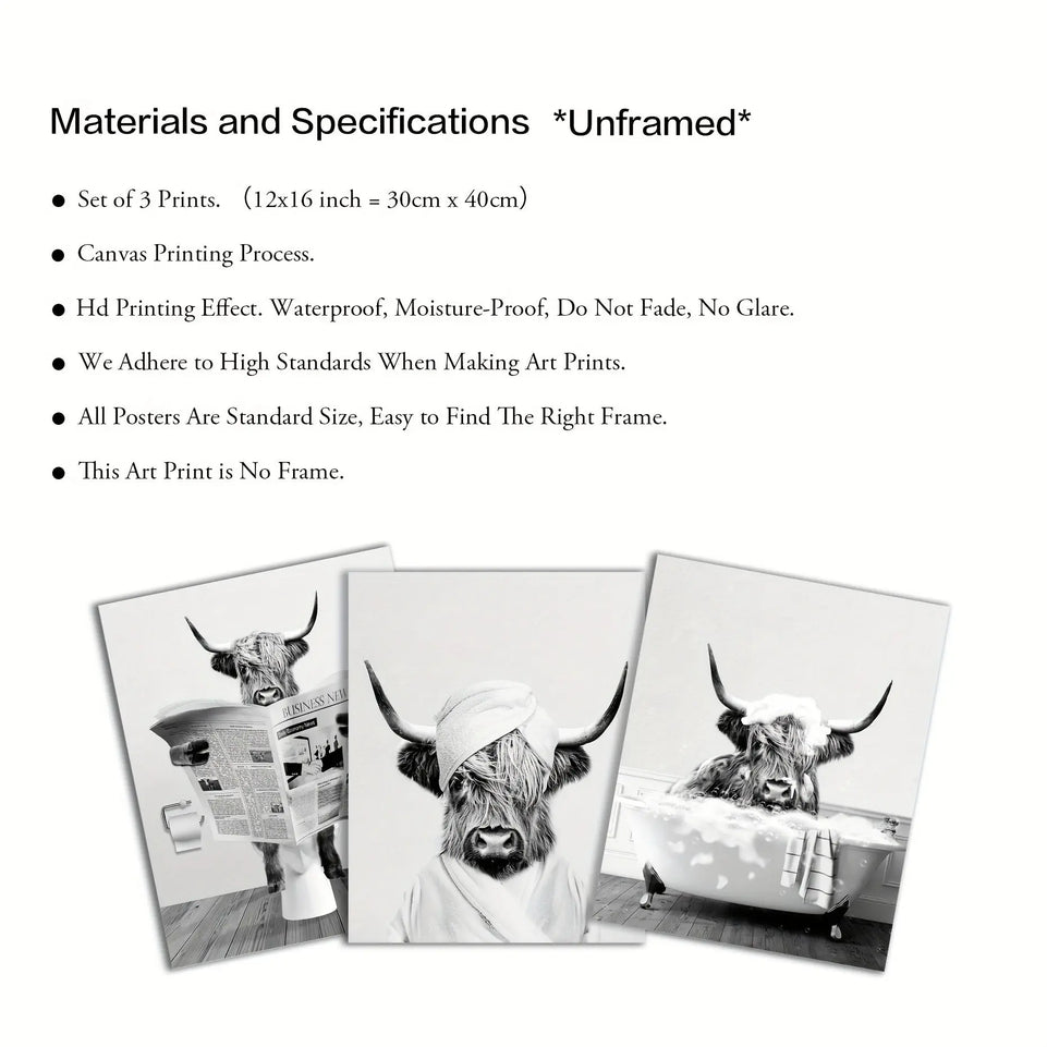 3pcs/set Funny Highland Cow Wall Art In Bathtub, Black And White Canvas Cow In Bathroom Picture, Humor Animals Bathroom Artwork Prints Rustic Farmhouse Style Wall Decor For Living Room,Bedroom, Kids Bathroom Decor, 12x16 Inch June Wall Art