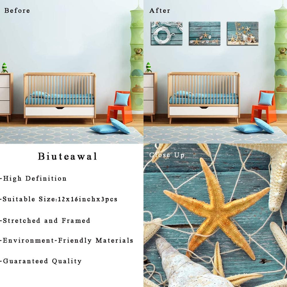 Biuteawal- 3 Piece Canvas Wall Art Starfish Shell on Teal Board Painting Prints Beach Nature Picture Canvas Artwork for Home Kitchen Bathroom Living Room Wall Decor Ready to Hang https://www.amazon.com/dp/B07K6D42KS