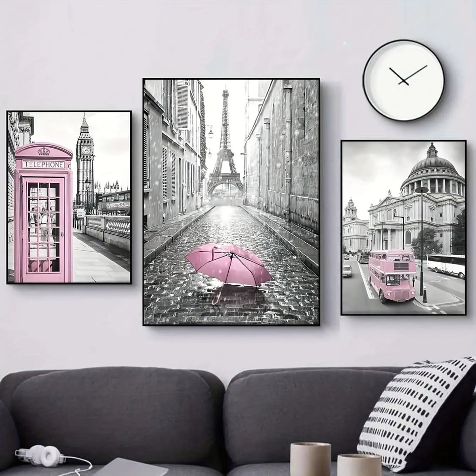 3pcs Canvas Poster, Modern Art, Eiffel Tower Girls Bedroom Decoration, Lightpink Paris Theme Room Decoration Wall Art, Ideal Gift For Bedroom Living Room Corridor, Wall Art, Wall Decor, Fall Decor, Wall Decor, Room Decoration June Wall Art
