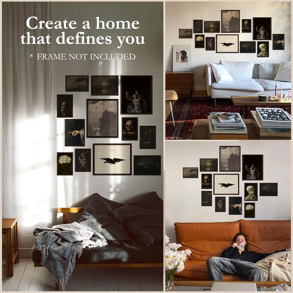 97 Decor Dark Academia Decor for Bedroom - Gothic Home Decor Aesthetic, Moody Dark Academia Wall Art, Vintage Halloween Posters for Room Aesthetic, Goth Wall Decor, Witchy Gallery Wall Art (Unframed) https://www.amazon.com/dp/B0BV1TJLMB
