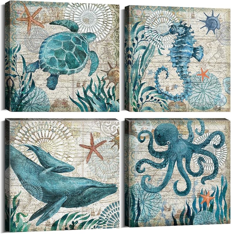 Bathroom Wall Art Beach Decor Ocean Sea Turtle Octopus Canvas Pictures Coastal Room Decor Teal Bathroom Accessories Vintage Whale Seahorse Poster Modern Nautical Painting Bedroom Home Decorations https://www.amazon.com/dp/B07HMJFDK3
