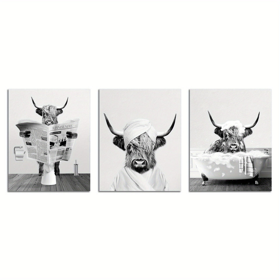 3pcs/set Funny Highland Cow Wall Art In Bathtub, Black And White Canvas Cow In Bathroom Picture, Humor Animals Bathroom Artwork Prints Rustic Farmhouse Style Wall Decor For Living Room,Bedroom, Kids Bathroom Decor, 12x16 Inch, No Frame https://www.temu.com/search_result.html?search_key=601099514837992