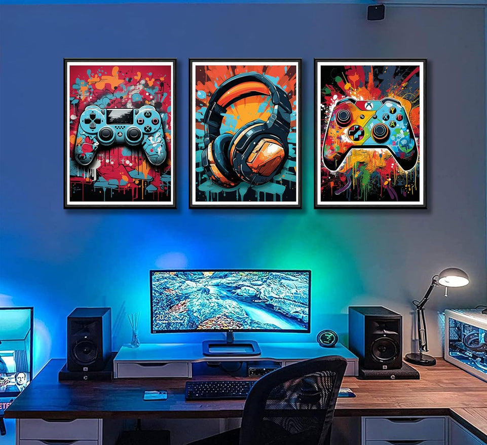 3Pcs Cool Gaming Wall Art Retro Video Game watercolor Posters Pictures Colorful Neon Gamepad Canvas Painting Prints for Boys Room Kids Game Room Bedroom for Boys Home Decoration 12x16in Unframed https://www.amazon.com/dp/B0CP7W91H7