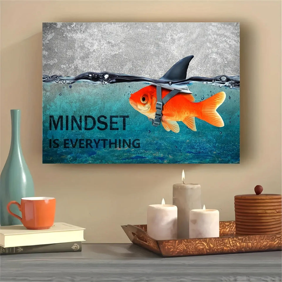 Mindset is Everything" - Motivational Canvas Wall Art with Blue Goldfish & Shark, Frameless Inspirational Quote Poster for Office, Bedroom, Bathroom Decor | Modern Minimalist Design, Indoor Use, Motivational Wall Art June Wall Art