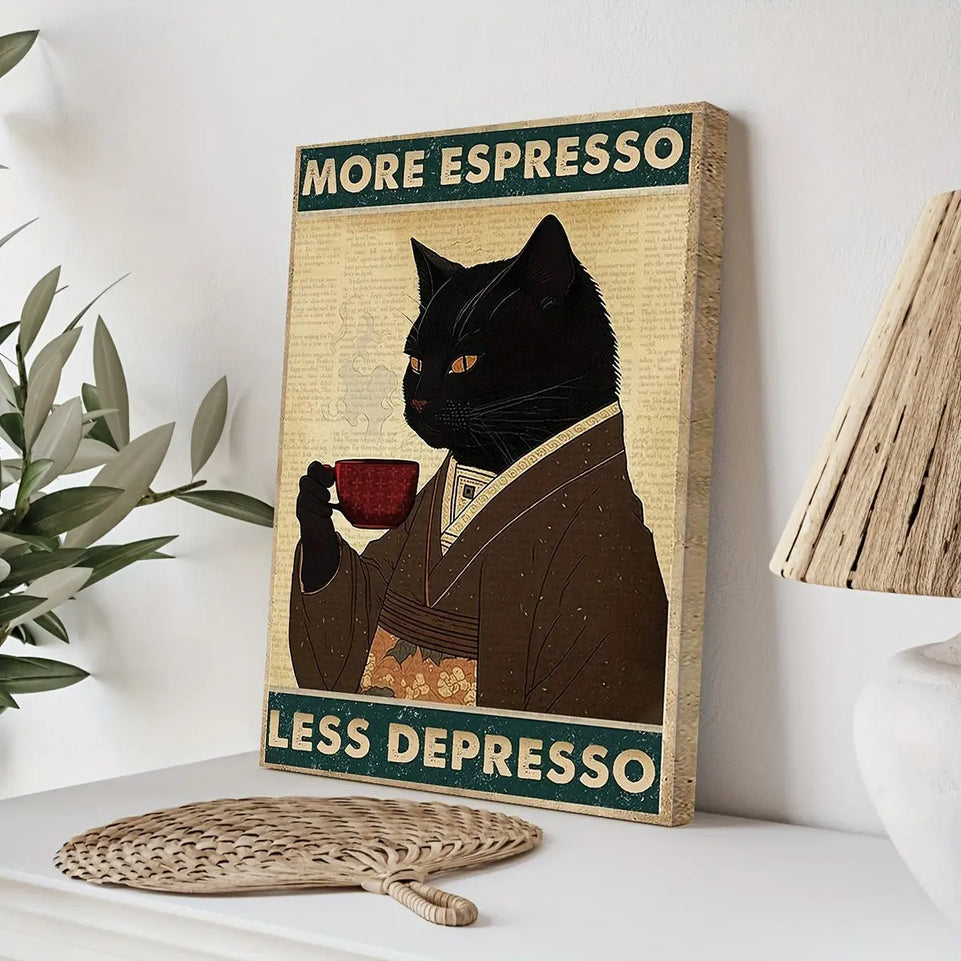 Whimsical Black Cat Coffee Poster - Ready-to-Hang Wall Art Canvas Painting with Framed - Unique Bar Club Pub Decoration Gift for Friends and Coffee Lovers - Humorous Artwork for Coffee Shops and Homes June Wall Art