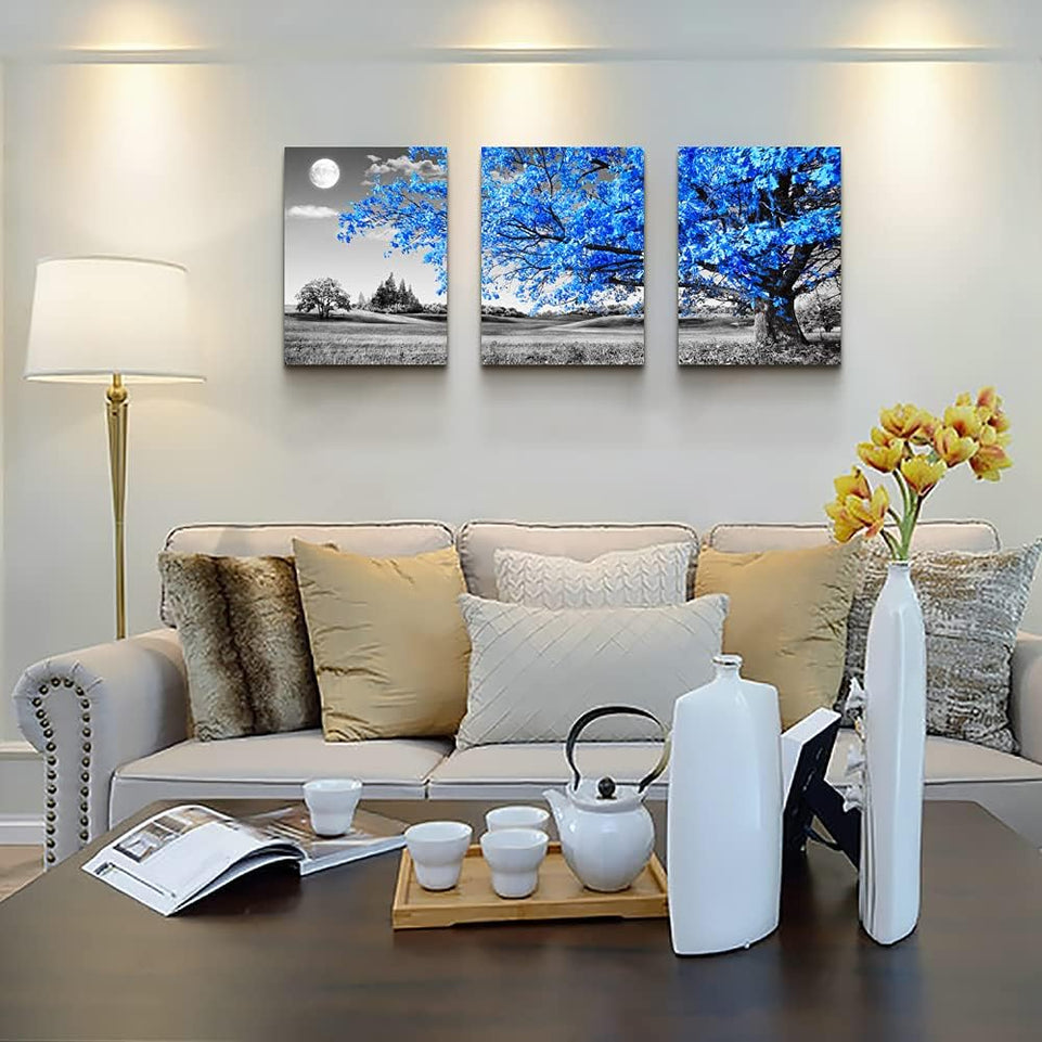 Wall Art For Living Room black and white Blue tree moon Canvas Wall Decor for Home artwork Painting 12" x 16" 3 Pieces Canvas Print For bedroom Decor Modern Salon kitchen office Hang a picture https://www.amazon.com/dp/B07DW1DLWF