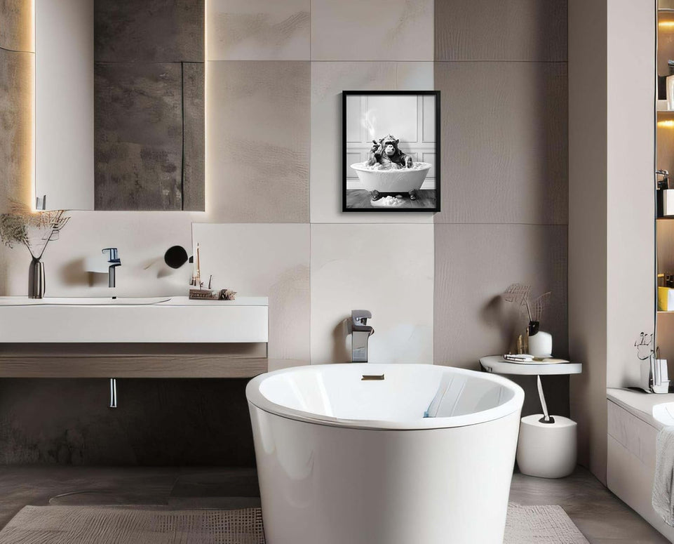 Framed Bathroom Decor Wall Art, Chimpanzee in Bathtub, Black and White Wall Art, Funny Bathroom Wall Decor Signs, Cute Animal Art for Bathroom (Framed,8''x10'')1 https://www.amazon.com/dp/B0CFVFYRPZ