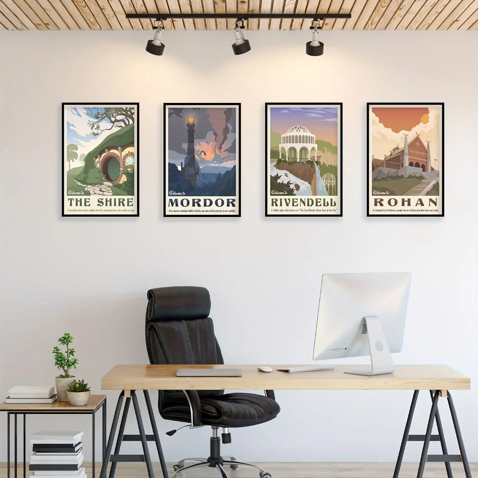 4pcs Middle Earth Landscape Canvas Wall Art Paintings - Lord of the Rings Decorative Painting for Living Room, Bedroom, Bathroom, Office, Kitchen - No Frames Required June Wall Art