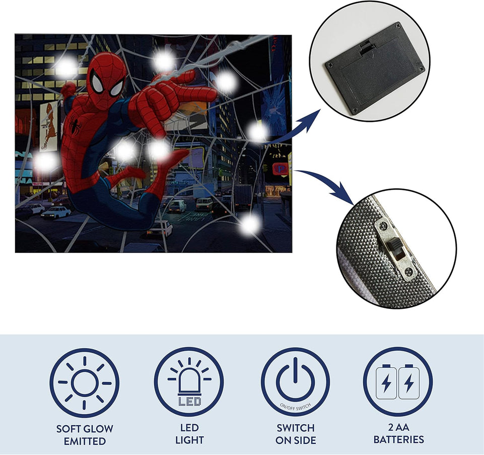 Idea Nuova Spider-Man LED Canvas Wall Art, Children's Home Décor, Bedroom, Spiderman / Blue, 11.50" x 15.75" https://www.amazon.com/dp/B017EPF34G
