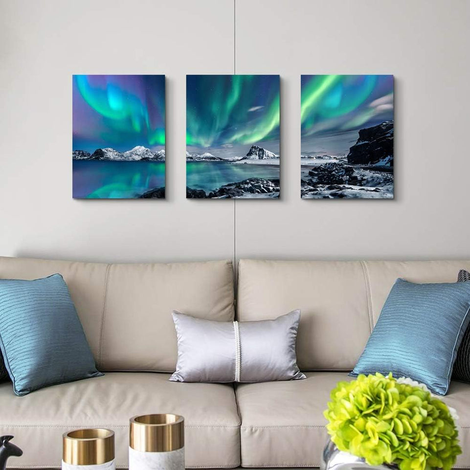 Farmhouse Canvas Wall Art For Bedroom Wall Decorations For Living Room Office Wall Decor Aurora Scenery Painting On Stretched And Framed Wall Pictures 3 Piece Ready To Hang For Bathroom Home Decor https://www.amazon.com/dp/B085RCGP4Q